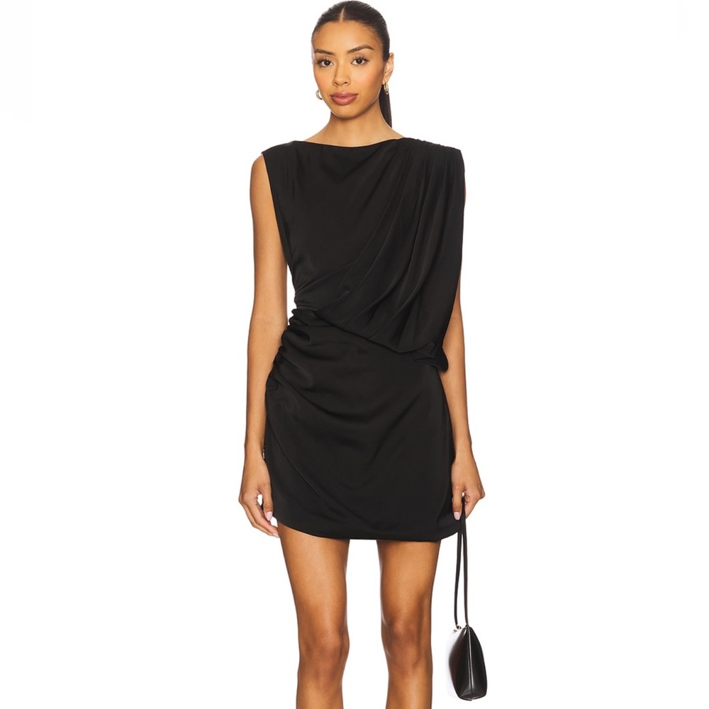 Elliatt Brigid Asymmetrical Mini Dress Size S Black Satin Draped Revolve Evening